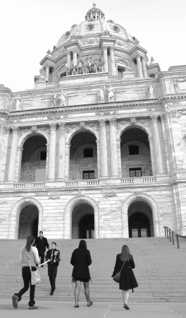 Lobbyists approach delegates as they arrive at the capitol. Students convened at the state capitol, Hamline University, and the Minneapolis Hilton. “My favorite part was being there  and getting to see where our actual lawmakers work and to see some of the problems that they face,” Jensen said.