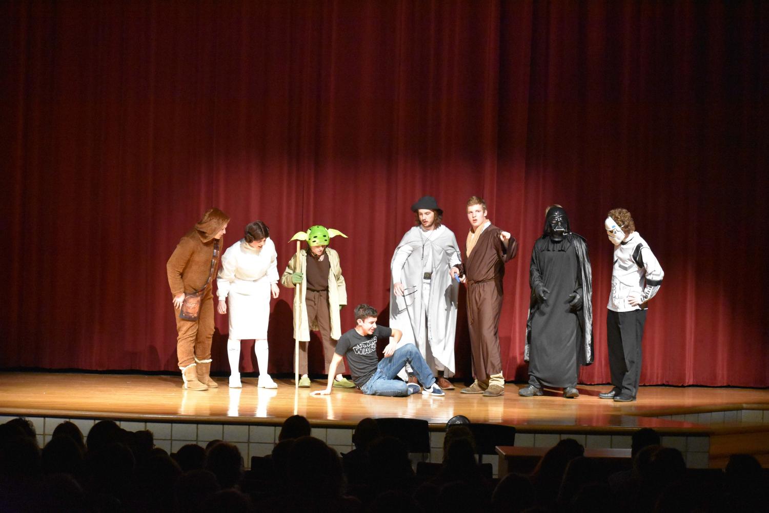 The MCs of Star Roars during their opening skit welcome the audience to the show. MC Logan Petersen especially enjoyed the “Dear Mom” skit, “It provoked the greatest attention from the audience.”  Photo Submitted
