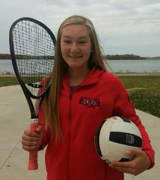 Nevaeh Wacholz is an eighth grader at Albert Lea High School. She had the opportunity to join girls tennis in the fall due to the COVID-19 postponement of her volleyball season.