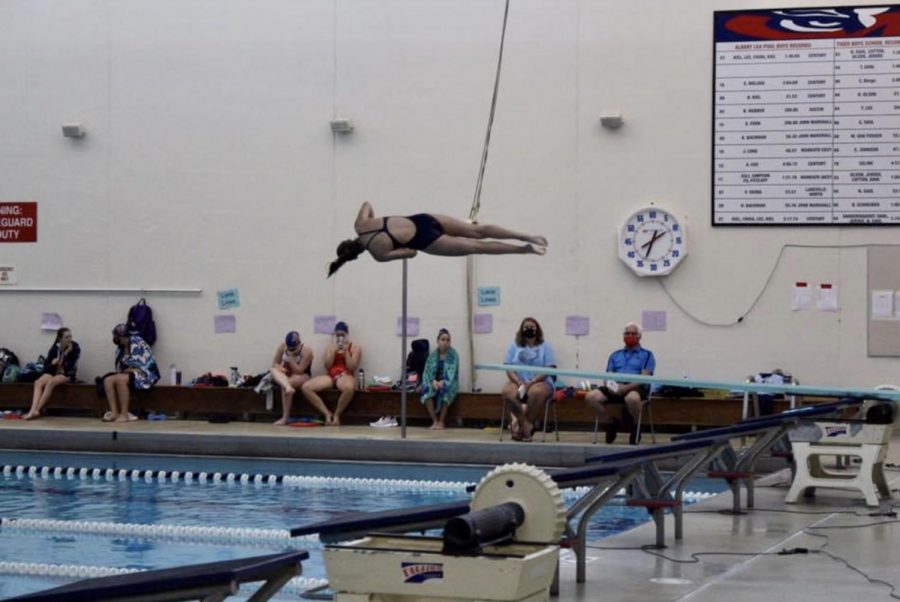 Junior Jenna Steffl performs a back somersault with one and a half twists at a diving meet. Steffl finished the regular season with a record of 8-0 and has already set high goals for her senior season. I hope to get better, bigger dives in general, with more difficulty, and also perfecting my form more, in the air and on my entries, she said. 
