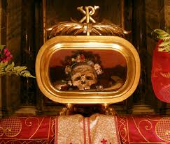 According to history.com, the skeleton of St. Valentine has been scattered around Europe. His skull is displayed in the Basilica of Santa Maria in Cosmedin, Rome, and other bones are in Scotland, Ireland, England, France, and the Czech Republic.
