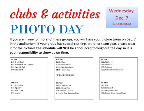 Clubs and Activities Photo Day Schedule