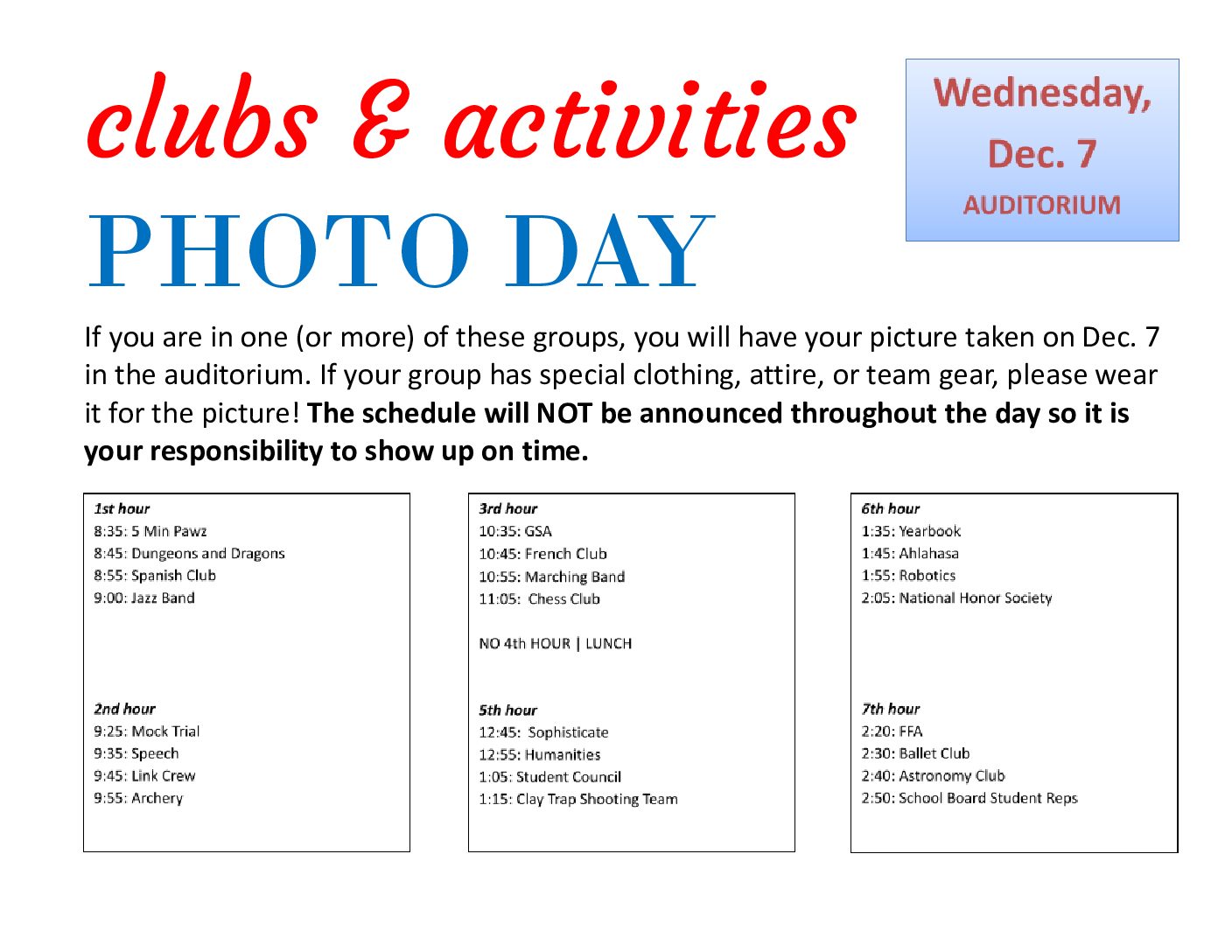Clubs and Activities Photo Day Schedule