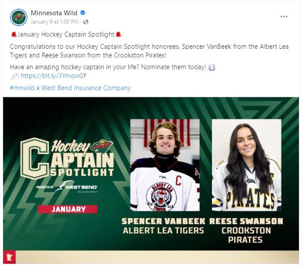 Senior Spencer Vanbeek will receive a custom Minnesota Wild jersey and tickets to the Minnesota Wild vs. Ottawa Senators game in April. He was also highlighted on the Wild social media.