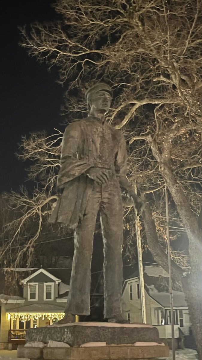The centerpiece of New Denmark Park, the Danish immigrant statue, which was dedicated by the Danish Brotherhood, along with the Fountain Lake mermaid statue.