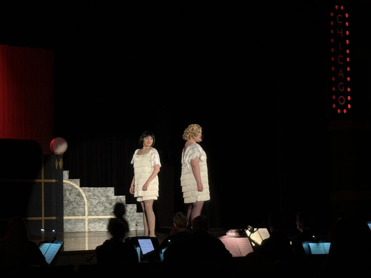 Adele Helleksen (11) and Selah Griffith (11) performing "I Move On" from musical "Chicago" during April 7th's dress rehearsal.  