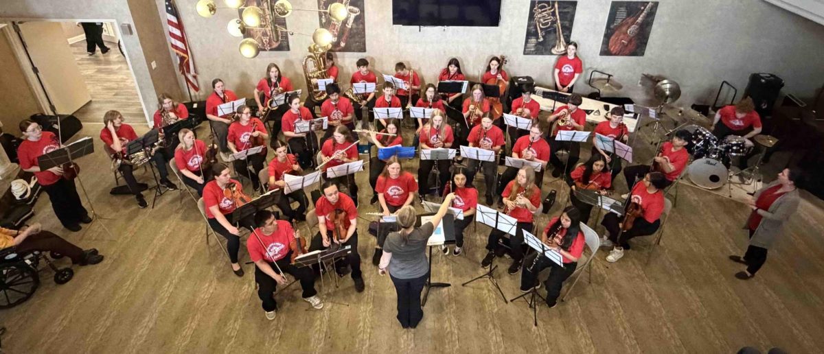 Parts of the Albert Lea high school band and orchestra playing at the Care One center in Paramus, NJ along with band director Suzanne Mauer and orchistra director Rebekah Chrissinger. In the back row is Anneliese Martinez (11), Avery Mauer (12), Elizabeth Reule (10), Alexis Olson (12), Hunter Schmidt (12), Zayden Schmidt (10), Tony Whelan (12), Abraham Isaccson (10), Allondra De Rosas Lazaro (11), Anais Israel Nechanicky (11), Joselyn Flink (10) and Connor Hanson (11). In the next row is Isabelle Steele (11), Sophie Guthmill (10), Jaycie Eaton (10), Lex Salvador-Coyomani (12), Albert Bierman (11), Gaby Tufte (12), Nora Smith (10), Kylan Dixon (10), Grant Stockwell (10), Donovan Wigfield (10) and Daniel Eh (11).  In the next row is Nora Pohl (11), Abby Miller(11), Kaylie Nelson (11), Cierra Bolin (12), Bryn Westrum (11), Ellie Schulz  (11), Evalyn Holcomb (11), Nancy Ramirez Perez (12) and Rosalinda Aguilar (12). In the front row is Joel Lazaro (12), Amorix Carlson (10), Maggie Schulz (11), Janely Perez Tuxpan (12), Katelyn Schmidt (11) and Ingrid Peralta Linarez (12).  Photo Submitted